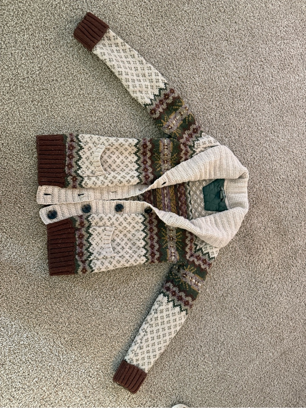 Eddie Bauer Cream Fair Isle Shawl-Collar Cardigan with Brown Trim